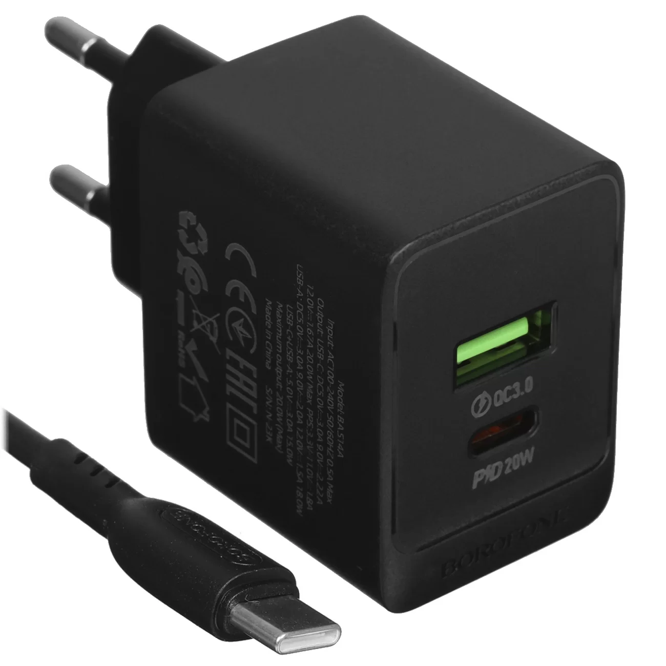 Сетевое зарядное устройство Borofone BAS14A, 20 Вт, 1×USB-C + 1×USB-A, чёрное Сетевое зарядное устройство Borofone BAS14A, 20 Вт, 1×USB-C + 1×USB-A, чёрное