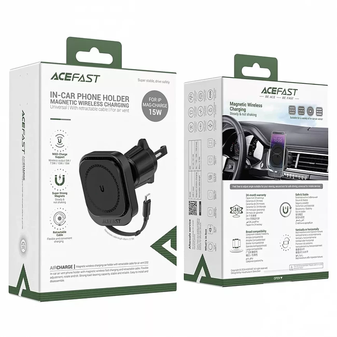 Автомобильный держатель ACEFAST D32 с беспроводной зарядкой 15 Вт и выдвижным кабелем USB-C, чёрный Автомобильный держатель ACEFAST D32 с беспроводной зарядкой 15 Вт и выдвижным кабелем USB-C, чёрный