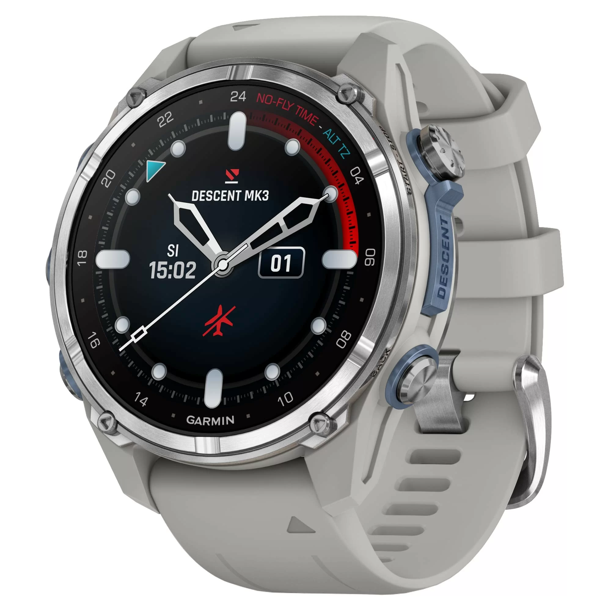 Дайвинг-компьютер Garmin Descent Mk3, 43 мм (Stainless Steel / нержавеющая сталь, Fog Gray Silicone Band / силиконовый ремешок туманно-серый)