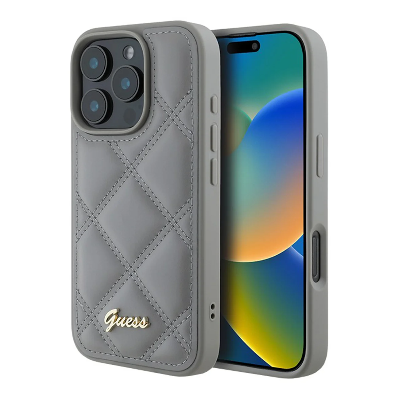 Чехол Guess PU Quilted with Script Metal Logo Hard Grey для iPhone 16 Pro Max Чехол Guess PU Quilted with Script Metal Logo Hard Grey для iPhone 16 Pro Max