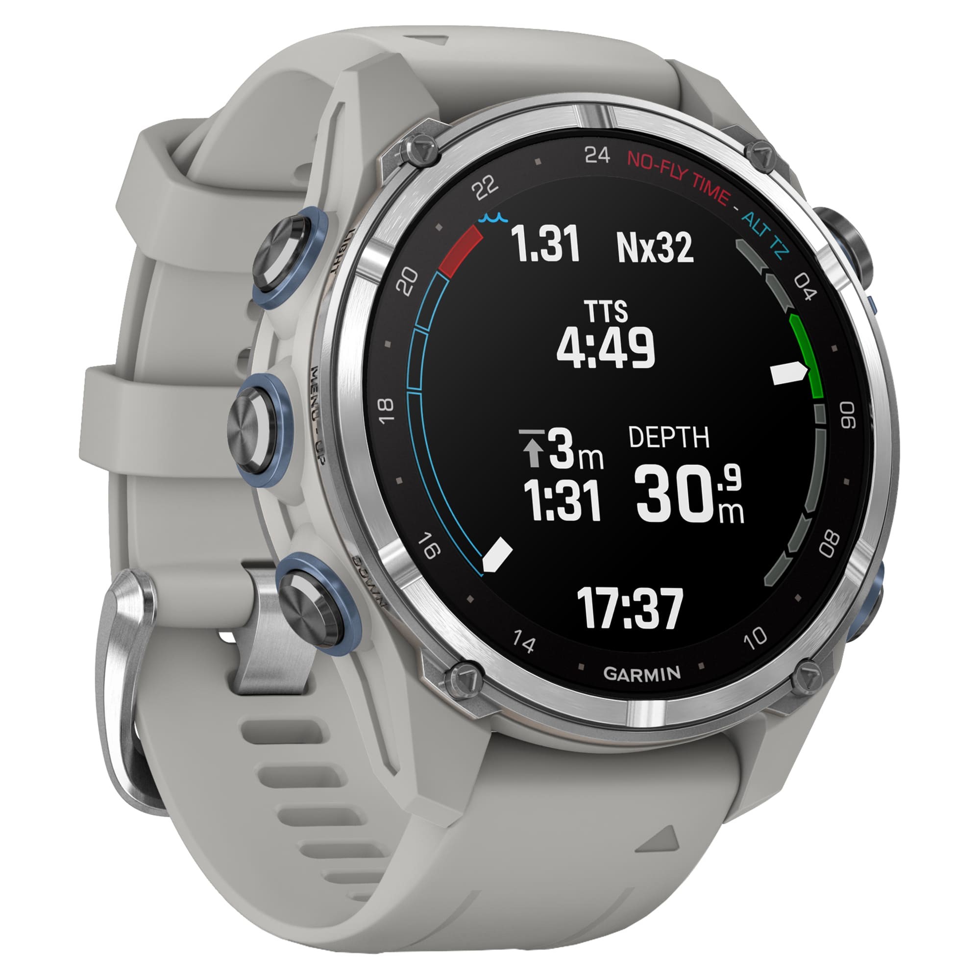 Дайвинг-компьютер Garmin Descent Mk3, 43 мм (Stainless Steel / нержавеющая сталь, Fog Gray Silicone Band / силиконовый ремешок туманно-серый)