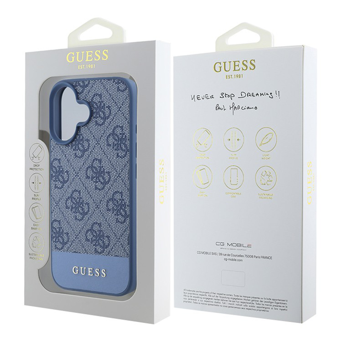 Чехол Guess PU 4G Bottom Stripe Metal Logo Hard Blue для iPhone 16