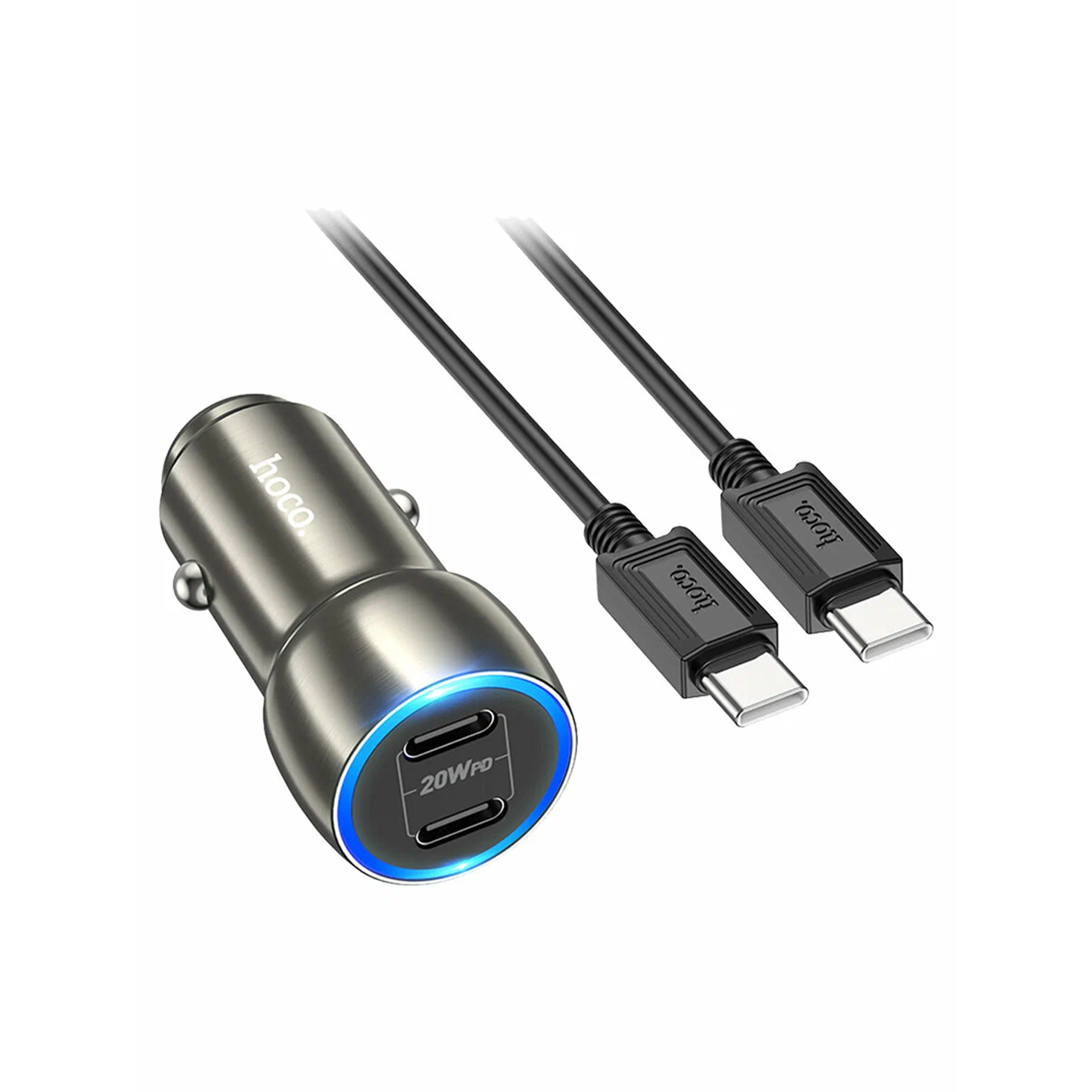 Автомобильное зарядное устройство Hoco Z48, 40 Вт, 2×USB Type-C, с кабелем Type-C Type-C, серый