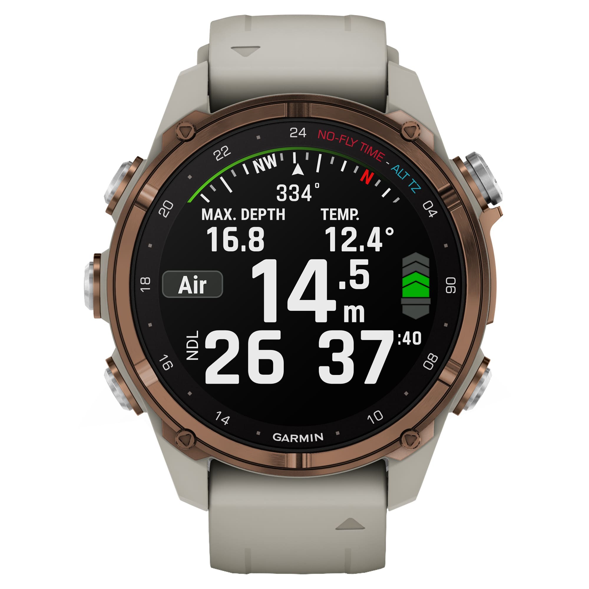 Дайвинг-компьютер Garmin Descent Mk3i, 43 мм (Bronze PVD Titanium / титановый корпус с бронзовым покрытием, French Gray Silicone Band / силиконовый ремешок серо-бежевый)